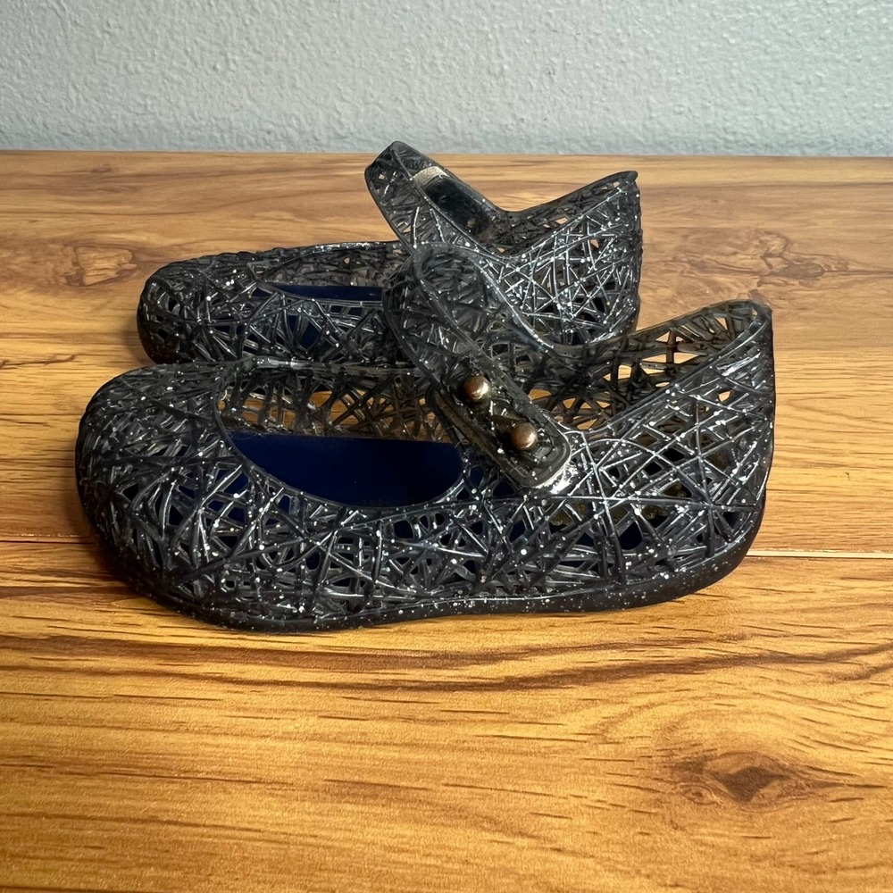 Mini Melissa Campana Jelly Flats Baby Sz 6 Black‎ Glitter Mary Jane Shoes